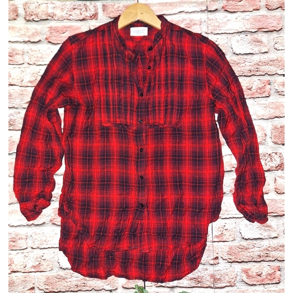 Ralph Lauren Denim & Supply | Red/Black Pleated Hi-Low Plaid Top - Picture 2 of 16